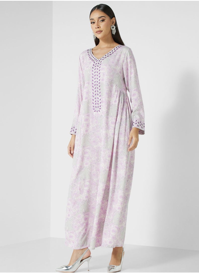 KASHKHA - V-Neck Floral Print Jalabiya - Image 1