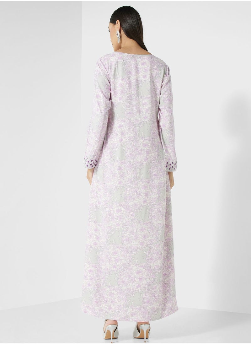 KASHKHA - V-Neck Floral Print Jalabiya - Image 1