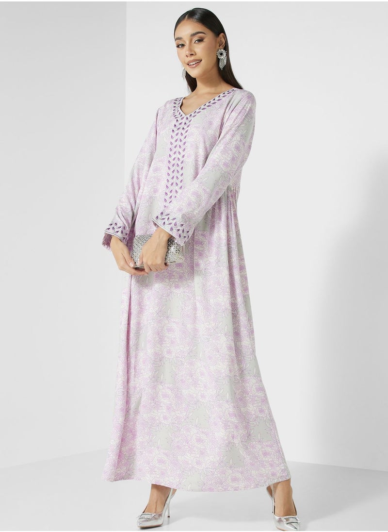 KASHKHA - V-Neck Floral Print Jalabiya - Image 1