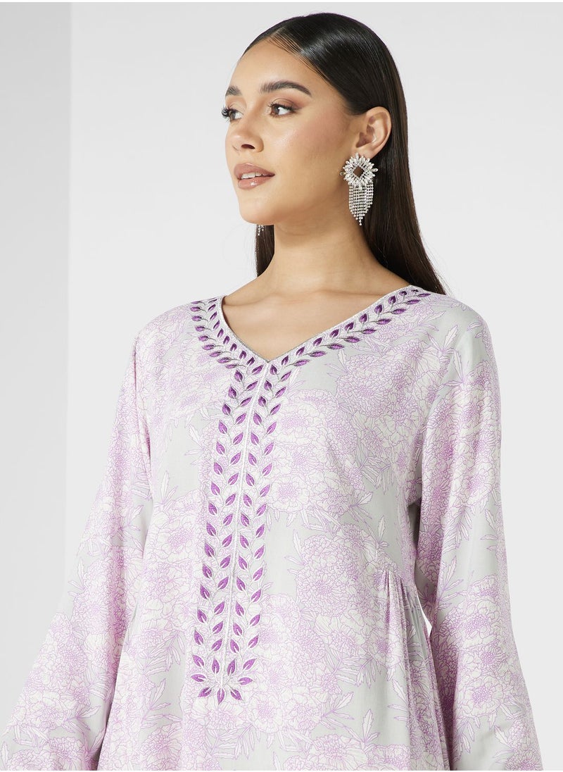 KASHKHA - V-Neck Floral Print Jalabiya - Image 1