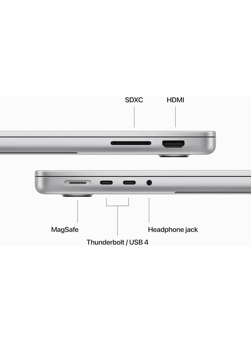 ابل  أحدث شريحة كمبيوتر محمول MacBook Pro MR7K3 M3 لعام 2023 مع وحدة معالجة مركزية 8 بوصات، ووحدة معالجة رسومات 10 بوصات أساسية: شاشة Liquid Retina XDR مقاس 14.2 بوصة، وذاكرة موحدة سعة 8 جيجابايت، وتخزين SSD سعة 1 تيرابايت، وتعمل مع iPhone/iPad باللغة الإنجليزية/العربية، فضي - Image 4