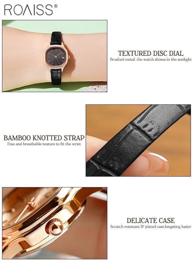 رويس ساعة كوارتز بسوار جلدي للنساء، ساعة بقرص أسود مربع بإطار ذهبي، ساعة يد أنيقة مقاومة للماء كهدية للسيدات - Image 4
