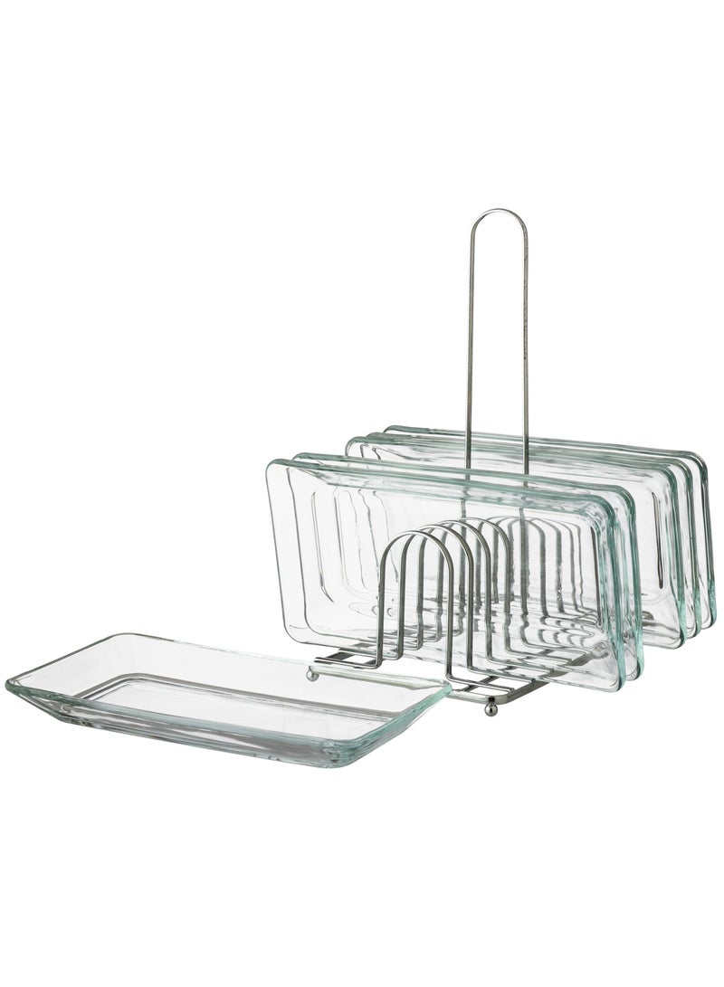 Dania A Set of Glass Serving Dishes With a Metal Stand 6 Rectangular Pieces - Image 2
