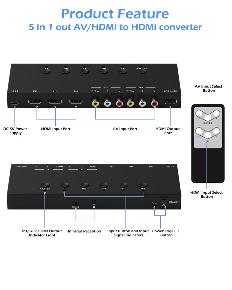 OseTub 2-in-1 HDMI & AV Switcher – Play PS5 & Retro Games on 1 TV, 3 HDMI 2.0 (4K HDR) + 2 RCA Inputs – Supports Xbox Series X/Switch/Wii/PS2/N64 – HDCP 2.2, 3D, 4:3/16:9 Toggle - Image 3