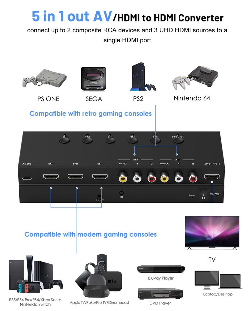 OseTub 2-in-1 HDMI & AV Switcher – Play PS5 & Retro Games on 1 TV, 3 HDMI 2.0 (4K HDR) + 2 RCA Inputs – Supports Xbox Series X/Switch/Wii/PS2/N64 – HDCP 2.2, 3D, 4:3/16:9 Toggle - Image 2