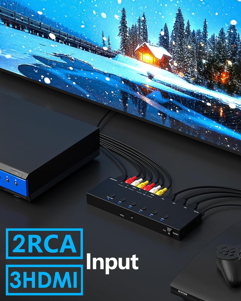 OseTub 2-in-1 HDMI & AV Switcher – Play PS5 & Retro Games on 1 TV, 3 HDMI 2.0 (4K HDR) + 2 RCA Inputs – Supports Xbox Series X/Switch/Wii/PS2/N64 – HDCP 2.2, 3D, 4:3/16:9 Toggle - Image 5