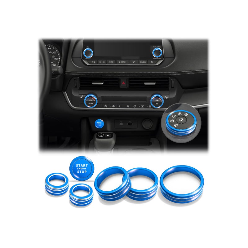 Polodunn for 2021 2022 2023 2024 2025 2026 Nissan Rogue Accessories with 8" Screen, 7pcs Aluminum Alloy Trim Set - A/C, Volume Tune & 4WD Knob Cover, Push Start Button Cover/Ring (Blue) - Image 1