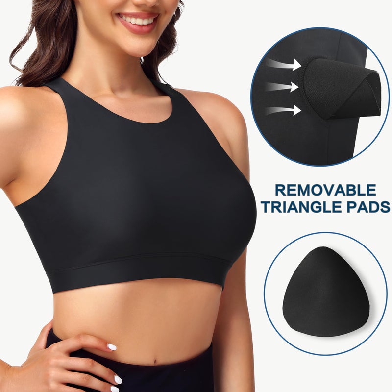 MIVEI Women's Sports Bra Swim Tops for Under Shirt Bikini Top Bathing Suit Modest High Neck Quick Dry Removable Padded UPF50+ Black - Image 3