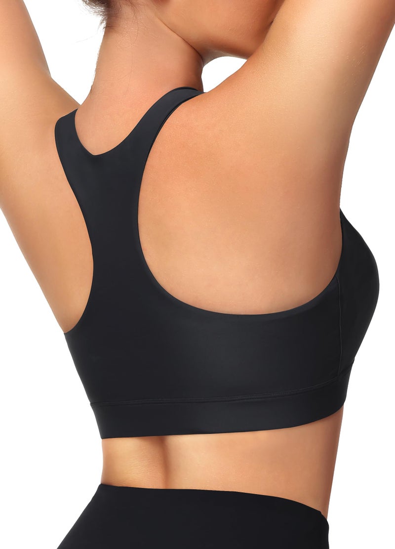 MIVEI Women's Sports Bra Swim Tops for Under Shirt Bikini Top Bathing Suit Modest High Neck Quick Dry Removable Padded UPF50+ Black - Image 1