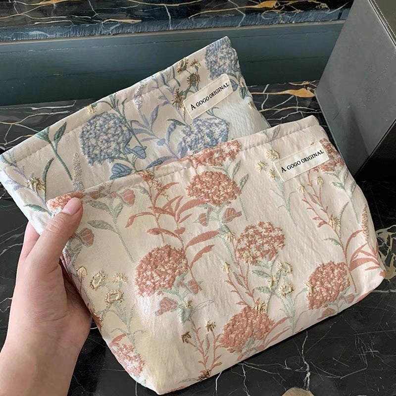 Ins Cream Embroidered Flower Cosmetic Bag Large Capacity Lotion Storage Bag Portable Hand Bag - Image 5