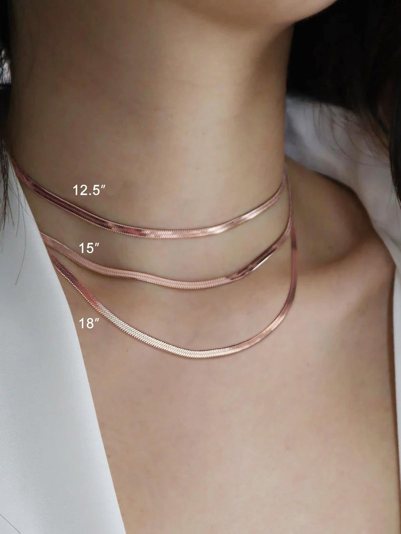FOCALOOK Rose Gold Plated Flat Snake Chain Necklace Herringbone Necklace Pink Choker Necklaces for Women 3MM(W) 15+3.5"(L) - Image 2