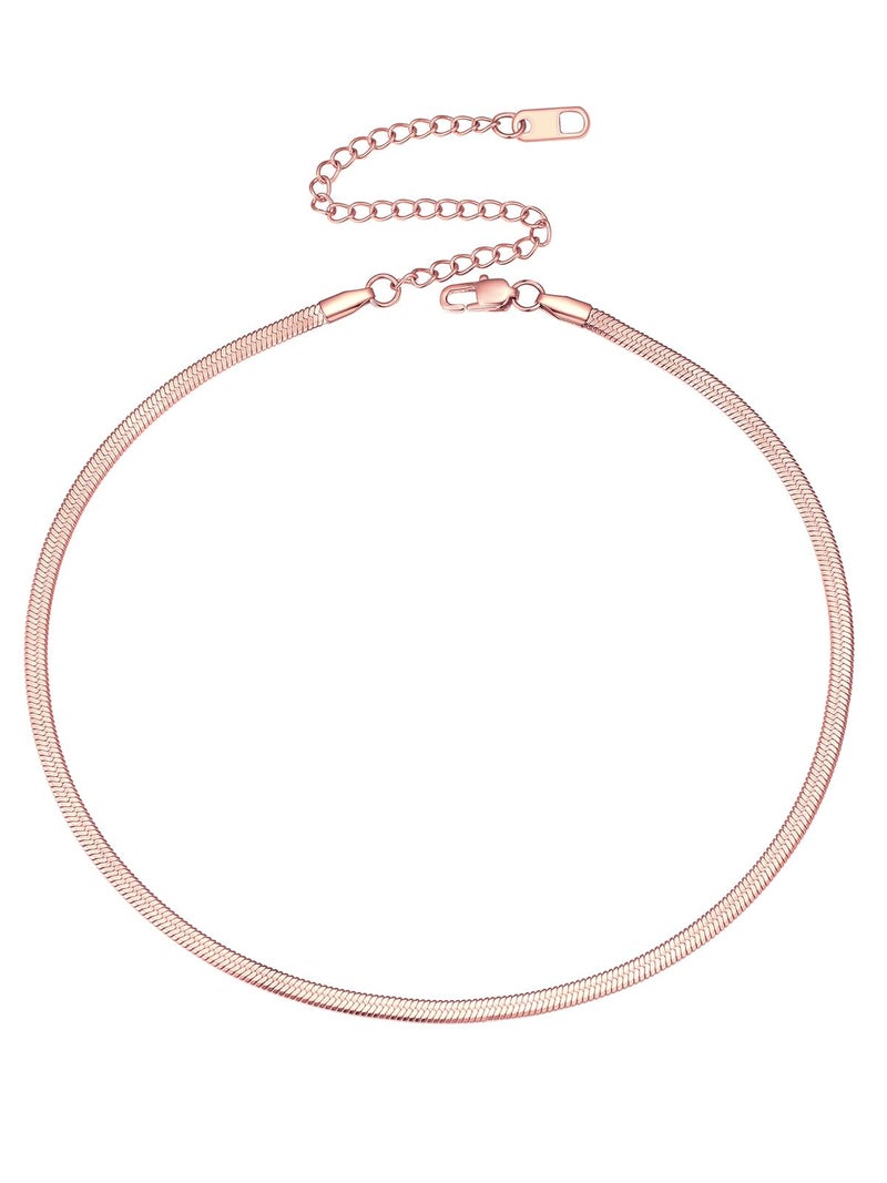 FOCALOOK Rose Gold Plated Flat Snake Chain Necklace Herringbone Necklace Pink Choker Necklaces for Women 3MM(W) 15+3.5"(L) - Image 1