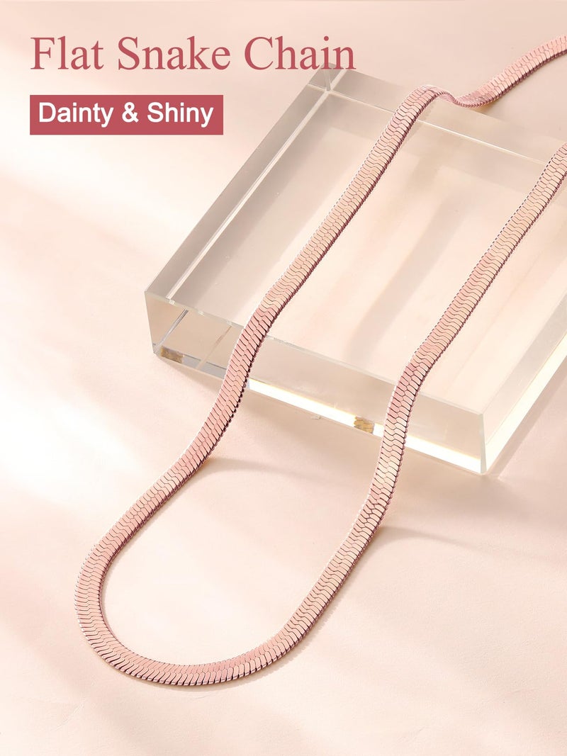 FOCALOOK Rose Gold Plated Flat Snake Chain Necklace Herringbone Necklace Pink Choker Necklaces for Women 3MM(W) 15+3.5"(L) - Image 5