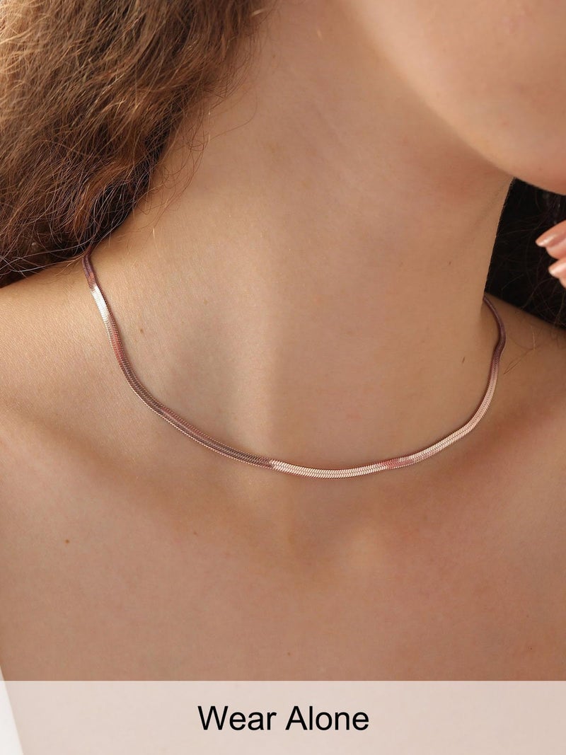 FOCALOOK Rose Gold Plated Flat Snake Chain Necklace Herringbone Necklace Pink Choker Necklaces for Women 3MM(W) 15+3.5"(L) - Image 3