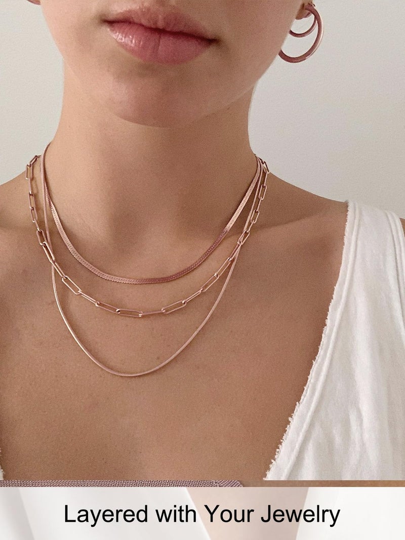 FOCALOOK Rose Gold Plated Flat Snake Chain Necklace Herringbone Necklace Pink Choker Necklaces for Women 3MM(W) 15+3.5"(L) - Image 4