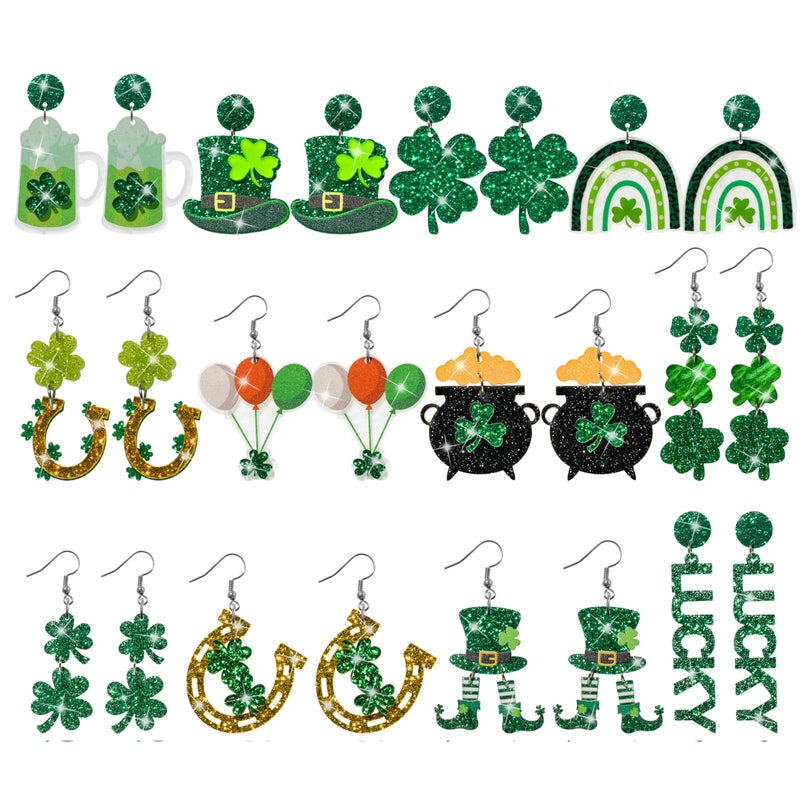 Y1tvei St. Patrick's Day Glitter Earrings - 12 Pairs Irish Dangle Drop Acrylic Sparkly Stud Earrings, Green Hat Gold Shamrock Ear Decor Lucky clover Jewelry Accessory Gifts for Spring Easter Party - Image 1