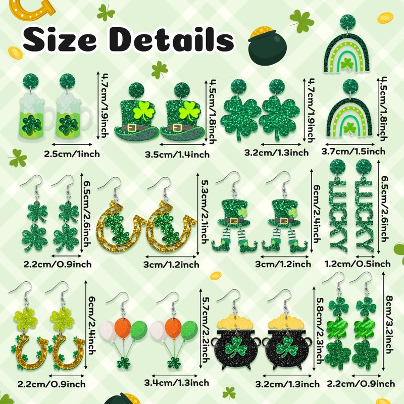 Y1tvei St. Patrick's Day Glitter Earrings - 12 Pairs Irish Dangle Drop Acrylic Sparkly Stud Earrings, Green Hat Gold Shamrock Ear Decor Lucky clover Jewelry Accessory Gifts for Spring Easter Party - Image 4