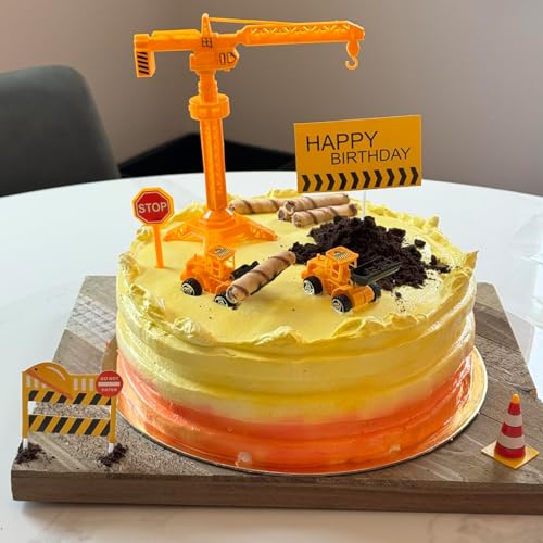 Vitalili Construction Cake Topper, 18 PCS Construction Cake Decorations Set Excavator Tower Crane Cupcake Topper Traffic and Road Sign Decor Happy Birthday Party Supplies Favors - Image 5