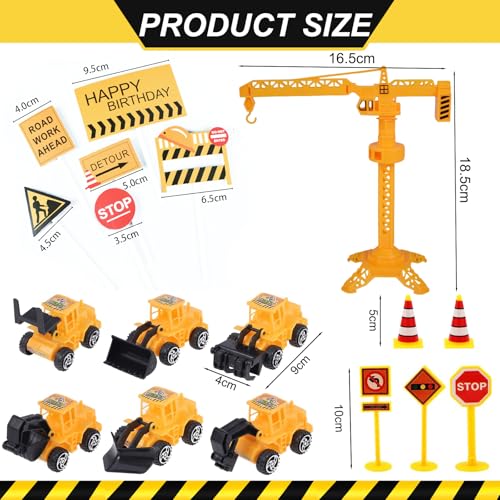 Vitalili Construction Cake Topper, 18 PCS Construction Cake Decorations Set Excavator Tower Crane Cupcake Topper Traffic and Road Sign Decor Happy Birthday Party Supplies Favors - Image 2