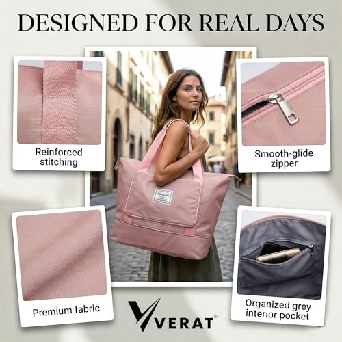 VERAT 41L Expandable Travel Duffle Bag for Women | Waterproof Nylon Foldable Travel Bag | Overnight Luggage Handbag with Wet Pocket | Lightweight Carry-On Gym & Weekend Bag for Ladies (Light Pink) - Image 5