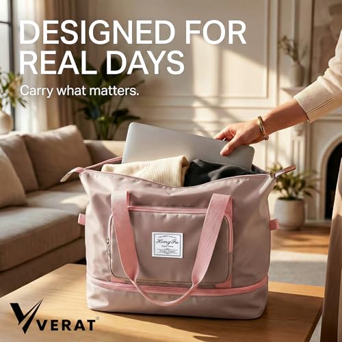 VERAT 41L Expandable Travel Duffle Bag for Women | Waterproof Nylon Foldable Travel Bag | Overnight Luggage Handbag with Wet Pocket | Lightweight Carry-On Gym & Weekend Bag for Ladies (Light Pink) - Image 4