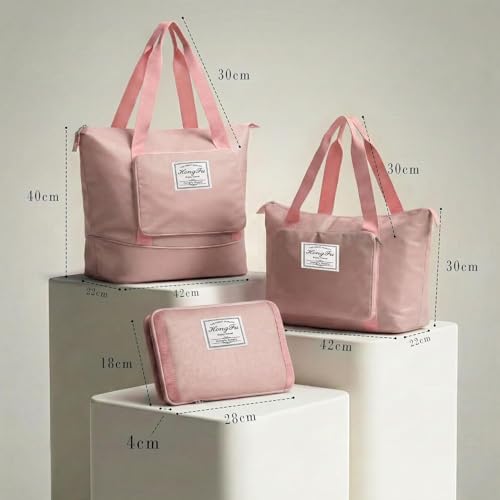 VERAT 41L Expandable Travel Duffle Bag for Women | Waterproof Nylon Foldable Travel Bag | Overnight Luggage Handbag with Wet Pocket | Lightweight Carry-On Gym & Weekend Bag for Ladies (Light Pink) - Image 2