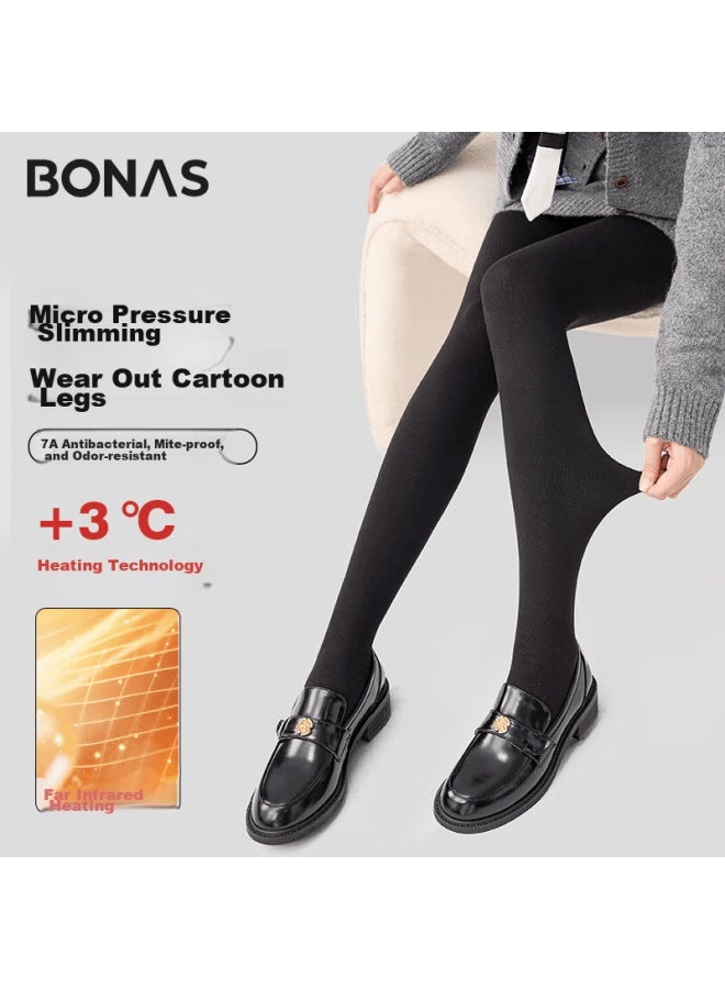 Bonas Women's Leggings With Fleece Lining, Bare Leg Effect, Autumn And Winter Cotton Vertical Striped Thick Warm Slimming Bare Leg Pantyhose - Image 1