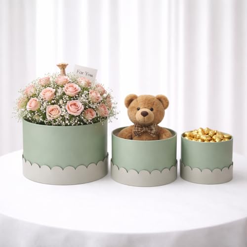 Oasis Pack of 3 Premium Round Gift & Flower Hamper Boxes With Scalloped Lid | Classic Bouquet Box for Flower Arrangements & Gift Hampers | Decorative Gift Packaging Box With Waterproof Liner - Baby Blue & Grey - Image 1