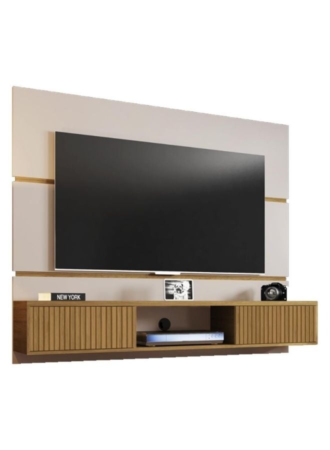 KARNAK لوحة تلفاز عائمة من العنبر لتلفزيونات تصل إلى 65 بوصة – وحدة ترفيه حديثة مثبتة على الحائط بطول 160 سم مع أبواب تخزين وفتحة مركزية – خشب MDF، أبيض + تشطيب بلّوط - Image 2