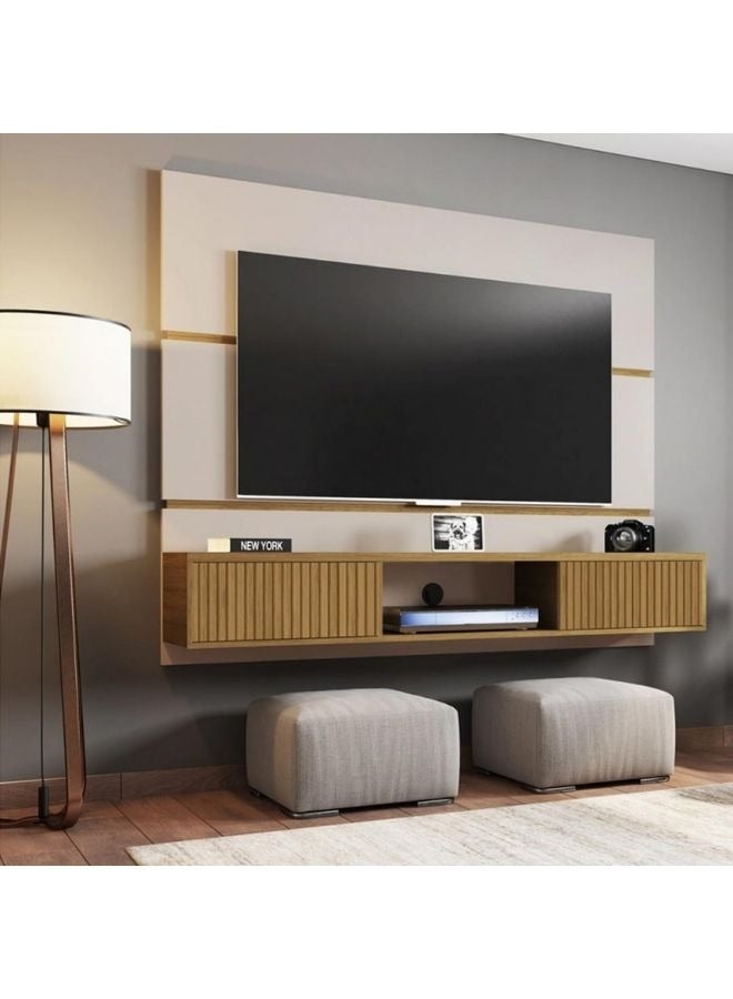 KARNAK لوحة تلفاز عائمة من العنبر لتلفزيونات تصل إلى 65 بوصة – وحدة ترفيه حديثة مثبتة على الحائط بطول 160 سم مع أبواب تخزين وفتحة مركزية – خشب MDF، أبيض + تشطيب بلّوط - Image 1