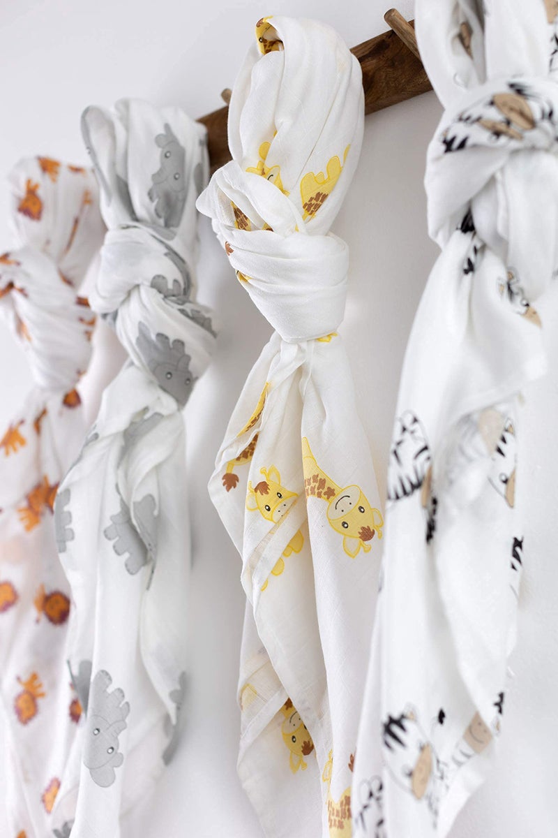 Cuddle Bug CuddleBug â€“ Muslin Baby Swaddle Blankets for Boys and Girls 0 to 3 Months - Large 4 Feet x 4 Feet â€“ Unisex Muslin Cotton Multifunctional Baby Blankets - 4 Pack (Safari Friends) - Image 2