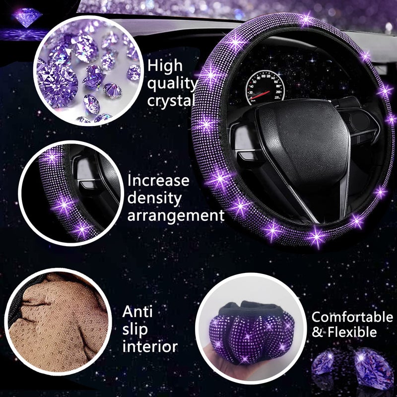 NBTEPEM 27 PCs Purple Violet Bling Car Accessories Set for Women, Steering Wheel Covers Universal Fit 15 Inch, Bling License Plate Frame, Bling Phone Holder, Bling Car Coasters - Image 3