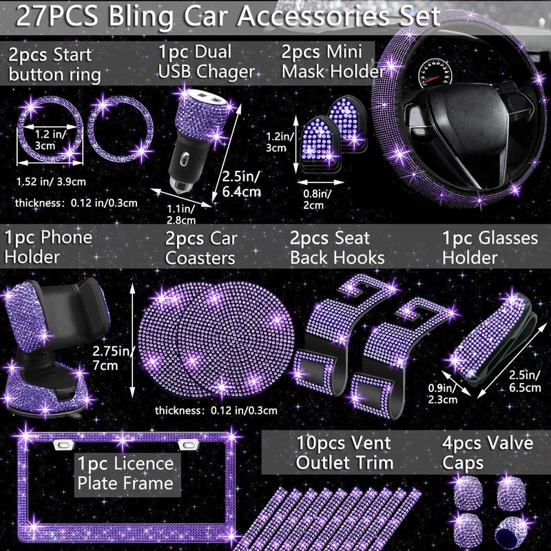NBTEPEM 27 PCs Purple Violet Bling Car Accessories Set for Women, Steering Wheel Covers Universal Fit 15 Inch, Bling License Plate Frame, Bling Phone Holder, Bling Car Coasters - Image 2