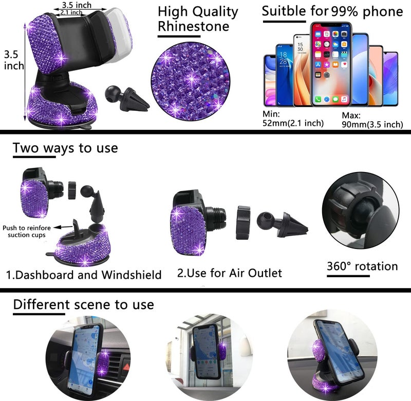 NBTEPEM 27 PCs Purple Violet Bling Car Accessories Set for Women, Steering Wheel Covers Universal Fit 15 Inch, Bling License Plate Frame, Bling Phone Holder, Bling Car Coasters - Image 5