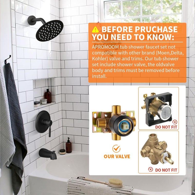 PROMOM Tub Shower Faucet Set Valve Included with 6-Inch Rain Shower Head and Tub Spout Single-Handle Tub and Shower Trim Kit Matte Black - Image 2