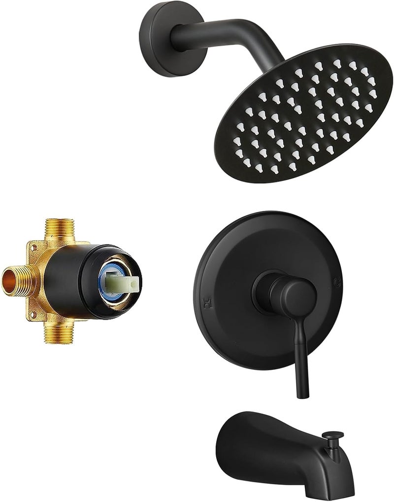 PROMOM Tub Shower Faucet Set Valve Included with 6-Inch Rain Shower Head and Tub Spout Single-Handle Tub and Shower Trim Kit Matte Black - Image 1