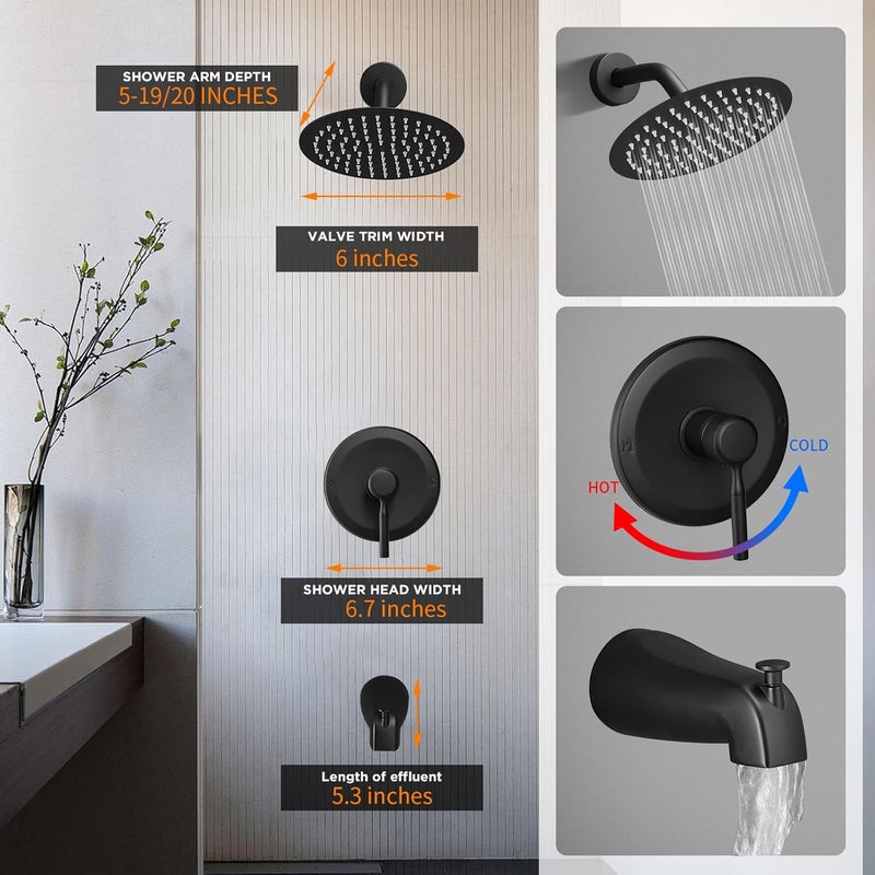 PROMOM Tub Shower Faucet Set Valve Included with 6-Inch Rain Shower Head and Tub Spout Single-Handle Tub and Shower Trim Kit Matte Black - Image 3