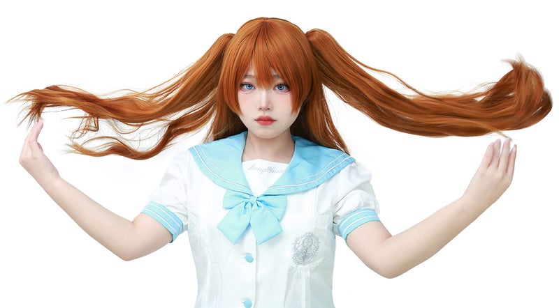 C-ZOFEK Womens Long Orange Cosplay Wig With 2 Detachable Ponytails Straight Hair Great Gift (Orange) - Image 4