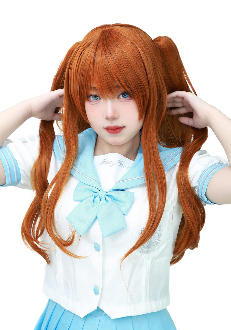C-ZOFEK Womens Long Orange Cosplay Wig With 2 Detachable Ponytails Straight Hair Great Gift (Orange) - Image 1