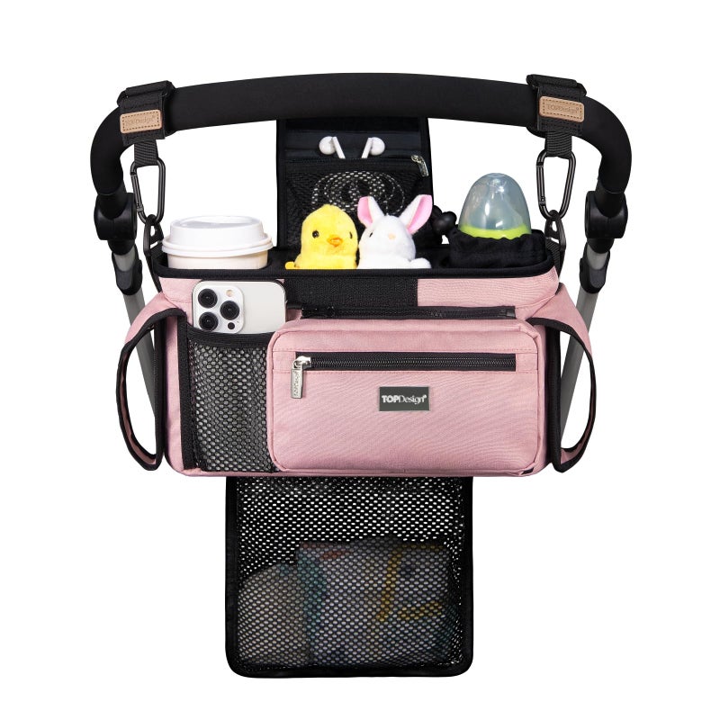 TOPDesign Universal Baby Stroller Organizer Stroller Caddy with Detachable Mesh Bag Heightened Insulated Cup Holders NonSlip Secure Hooks Accessories Fits Most Strollers Pink - Image 2