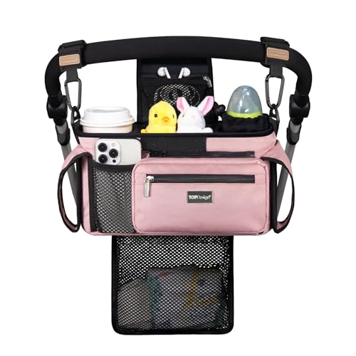 TOPDesign Universal Baby Stroller Organizer Stroller Caddy with Detachable Mesh Bag Heightened Insulated Cup Holders NonSlip Secure Hooks Accessories Fits Most Strollers Pink - Image 1