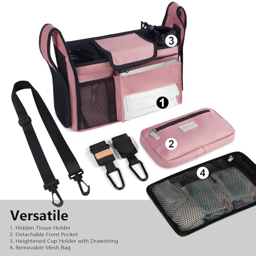 TOPDesign Universal Baby Stroller Organizer Stroller Caddy with Detachable Mesh Bag Heightened Insulated Cup Holders NonSlip Secure Hooks Accessories Fits Most Strollers Pink - Image 3