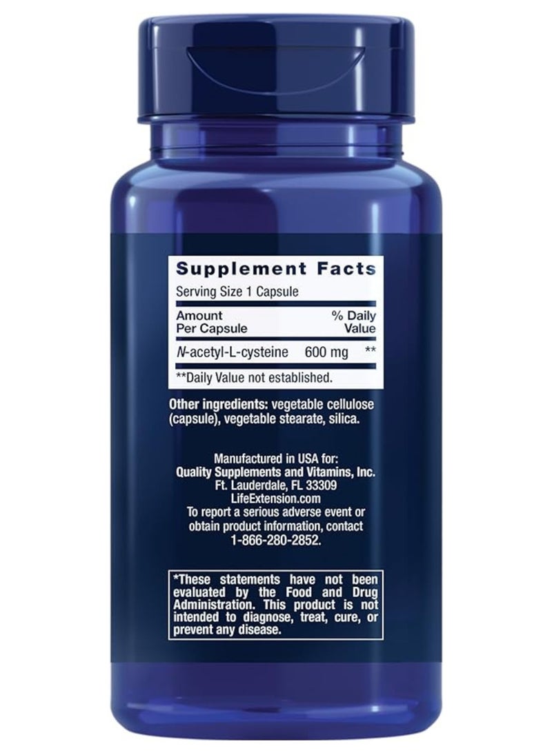 Life Extension N-Acetyl-L-Cysteine 600 mg, Immune, Liver & Respiratory Support, Gluten-Free Antioxidant  – 60 Vegetarian Capsules - Image 2
