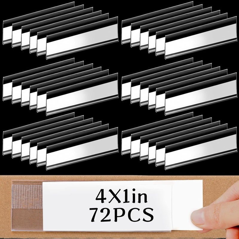 Cindeer 72 Pieces Clear Plastic Adhesive Shelf Tag & Price Label Holders for Supermarket, School, Library, Mailbox & Storage Bins(4 x 1 Inch) - Image 1