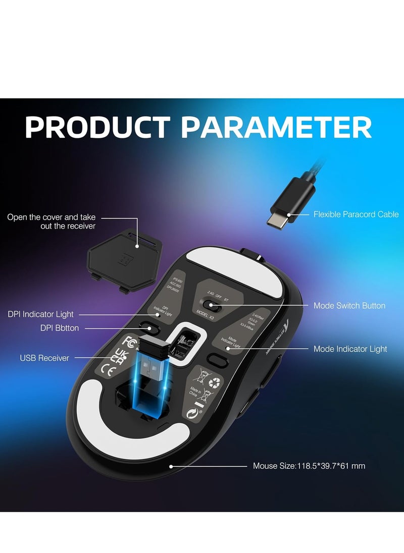 Attack Shark - X3 Mouse Lightweight Wireless Gaming Mouse with Tri-Mode 2.4G/USB-C Wired/Bluetooth, PAW3395 Optical Sensor, Up to 26K DPI, 5 programmable Buttons for Laptop/Win/Mac/PC - Image 1