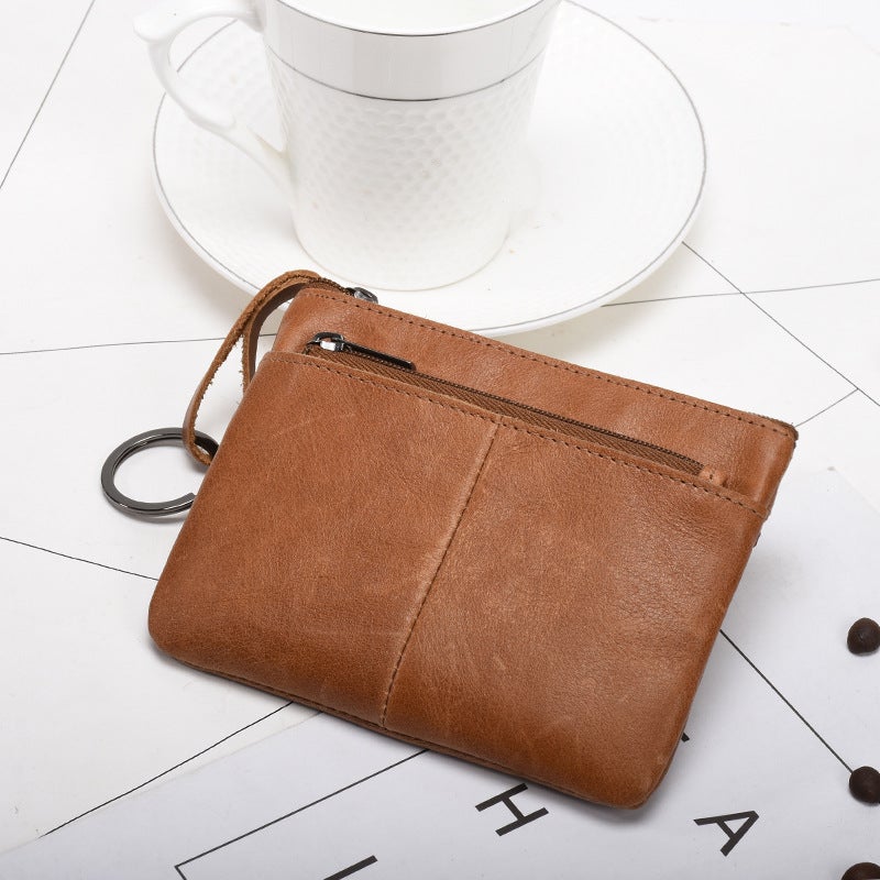 New Trendy Genuine Leather Mens Simple Coin Purse Womens Zipper Hand Wallet Vintage Short Cowhide Card Bag Cross-Border Brown