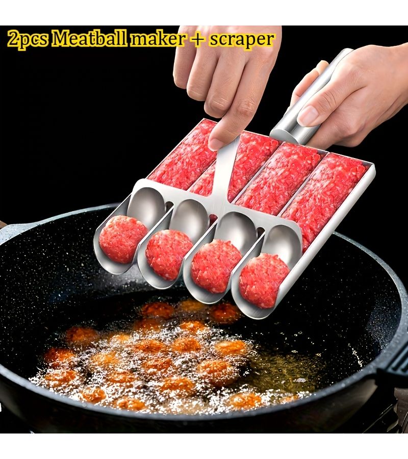 2pcs Two Compartment Meatball Maker With Scraper Stainless Steel Kitchen Tool - Image 1