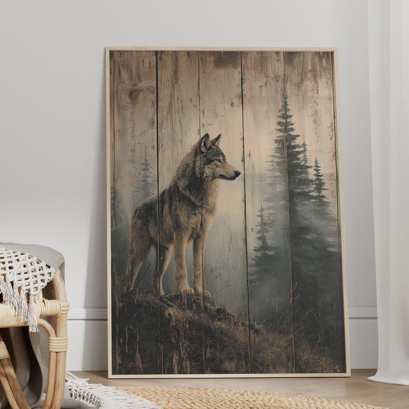 TNESSENTIAL Wolf on a Foggy Ridge Wooden Wall Art Poster or Canvas Print, Misty Woods Wildlife Art, Wolf in the Mountain Nature Print Cabin Wall Decor - Image 1