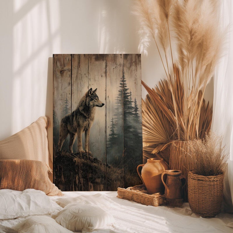 TNESSENTIAL Wolf on a Foggy Ridge Wooden Wall Art Poster or Canvas Print, Misty Woods Wildlife Art, Wolf in the Mountain Nature Print Cabin Wall Decor - Image 4