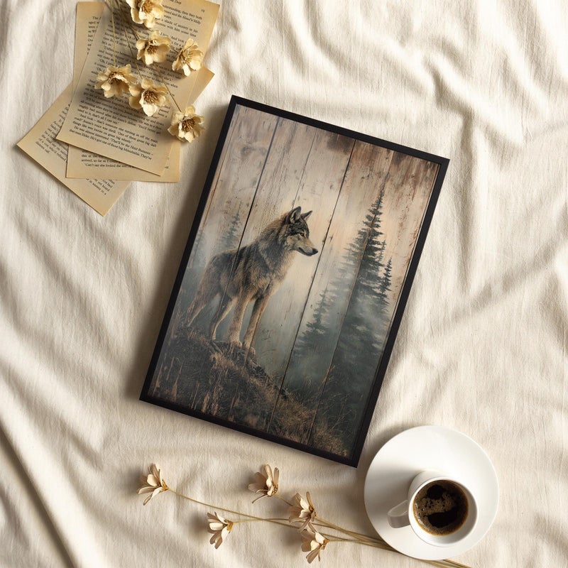 TNESSENTIAL Wolf on a Foggy Ridge Wooden Wall Art Poster or Canvas Print, Misty Woods Wildlife Art, Wolf in the Mountain Nature Print Cabin Wall Decor - Image 3